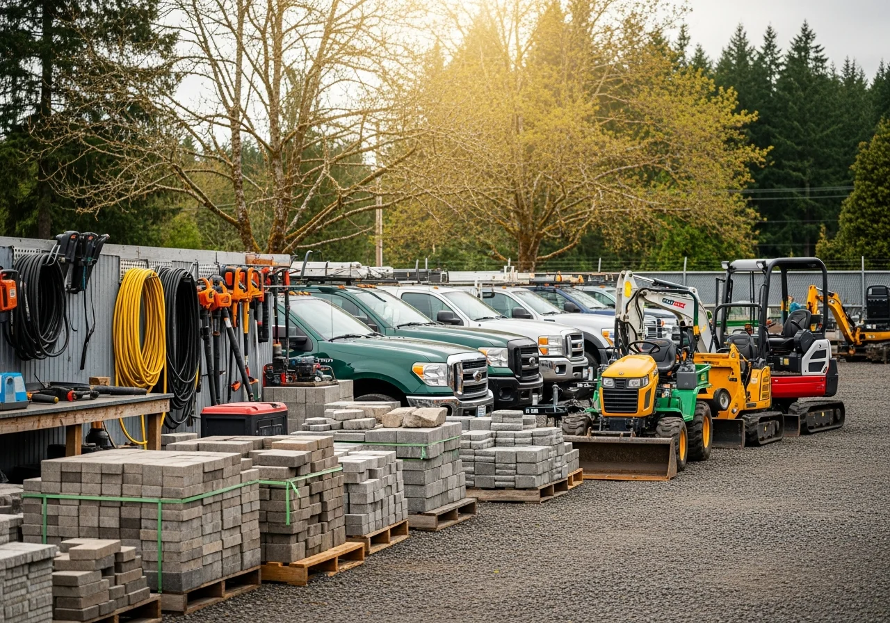 Landscaping crew with tools and equipment ready for outdoor work. Professional team prepared for hardscaping, maintenance, and installation projects.