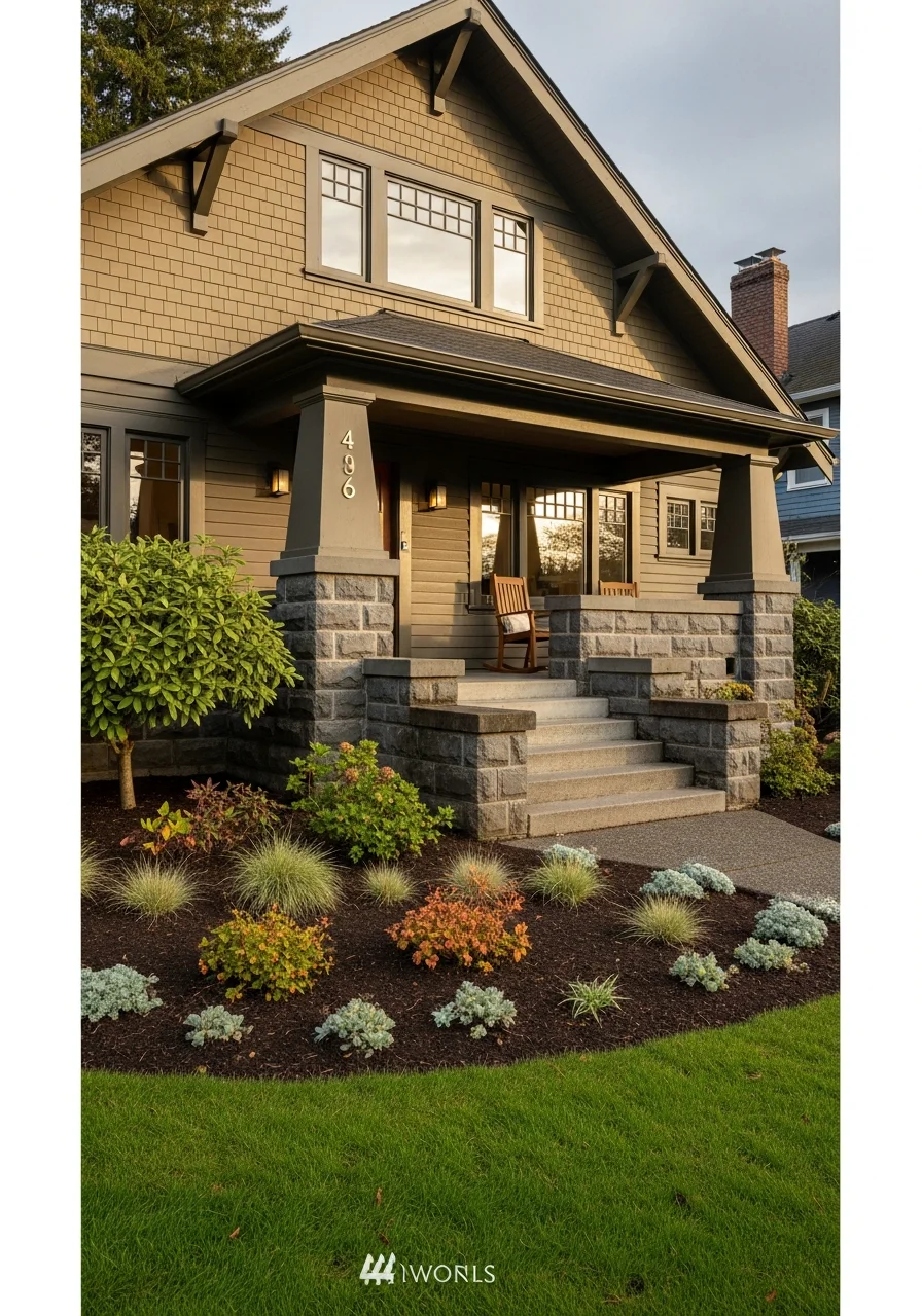 Close-up of a Lake Oswego home's exterior showing detailed craftsmanship and landscaping.