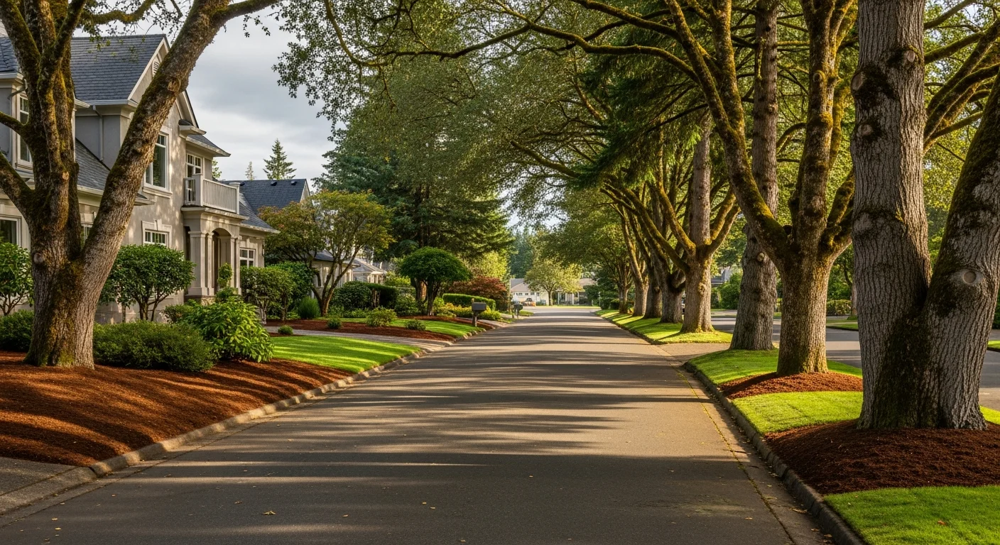 Well-maintained residential street in Lake Oswego with mature trees and quality homes set back from the road.