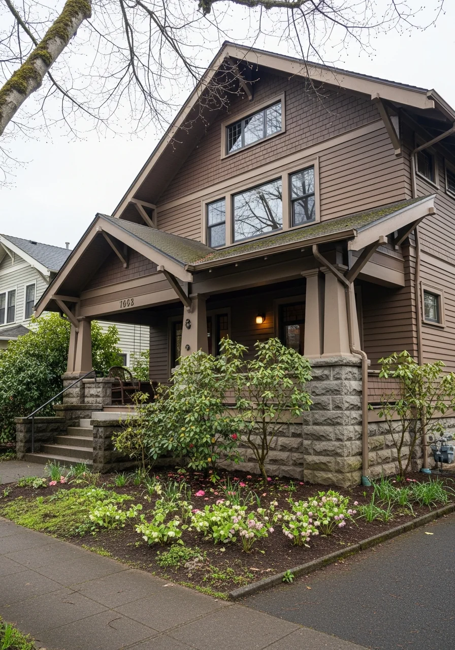 Portland home exterior featuring classic Craftsman details and mature landscaping.