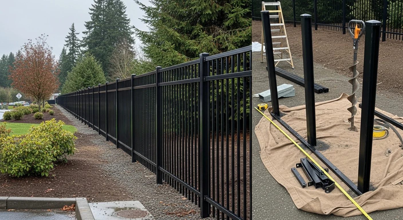 A completed commercial fence installation along the perimeter of a business property in Lake Oswego, Oregon. The fence runs parallel to the building's edge with a secured gate entry point visible at the front of the site.
