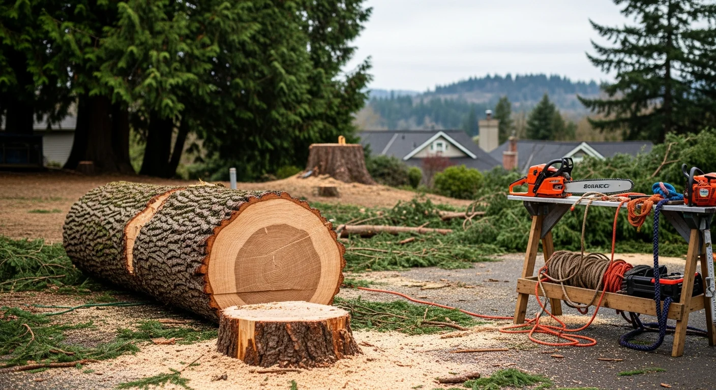 A large storm-damaged Douglas fir being removed in sections from a residential property in Lake Oswego, Oregon, with crew members on the ground managing rigging lines. The cleared yard shows the stump and surrounding lawn after debris removal.