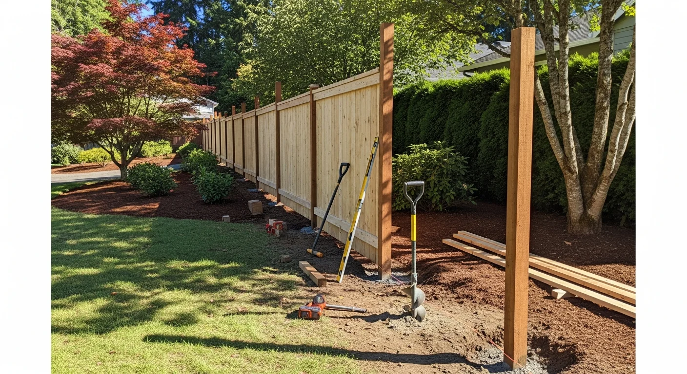 A newly installed wood privacy fence along the backyard boundary of a residential property in Lake Oswego, Oregon. The fence runs parallel to a landscaped yard with mature evergreen trees visible in the background.