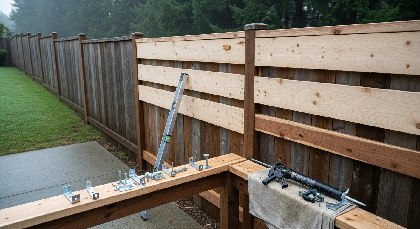 A repaired wood fence along a residential property line in Lake Oswego, Oregon, with straightened posts and freshly replaced boards. A contractor from Western Landscape Construction LLC inspects the gate latch on a sloped lot surrounded by mature trees.