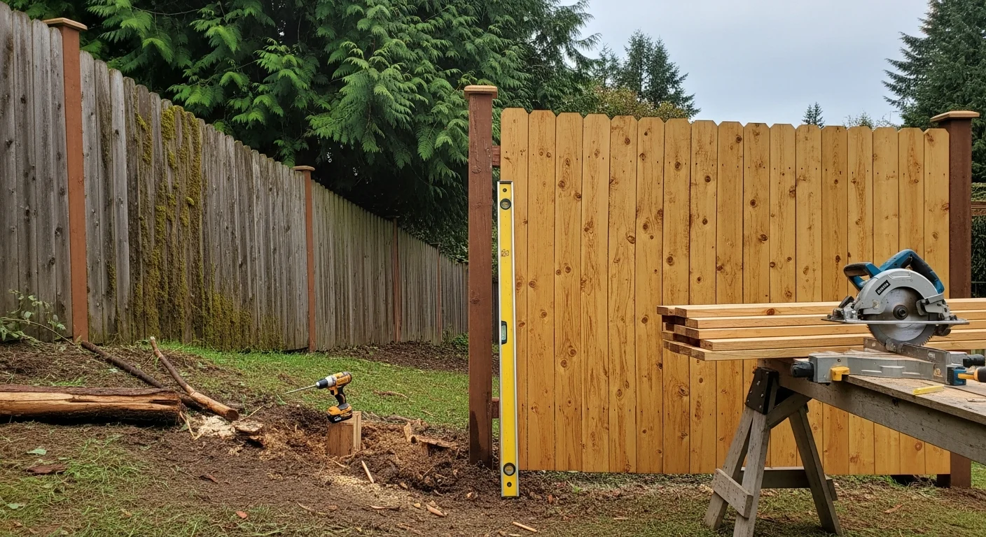 A repaired wooden privacy fence with replaced boards and a reset post on a residential property in Lake Oswego, Oregon. The fence line runs along a gently sloped backyard with mature Pacific Northwest landscaping in the background.