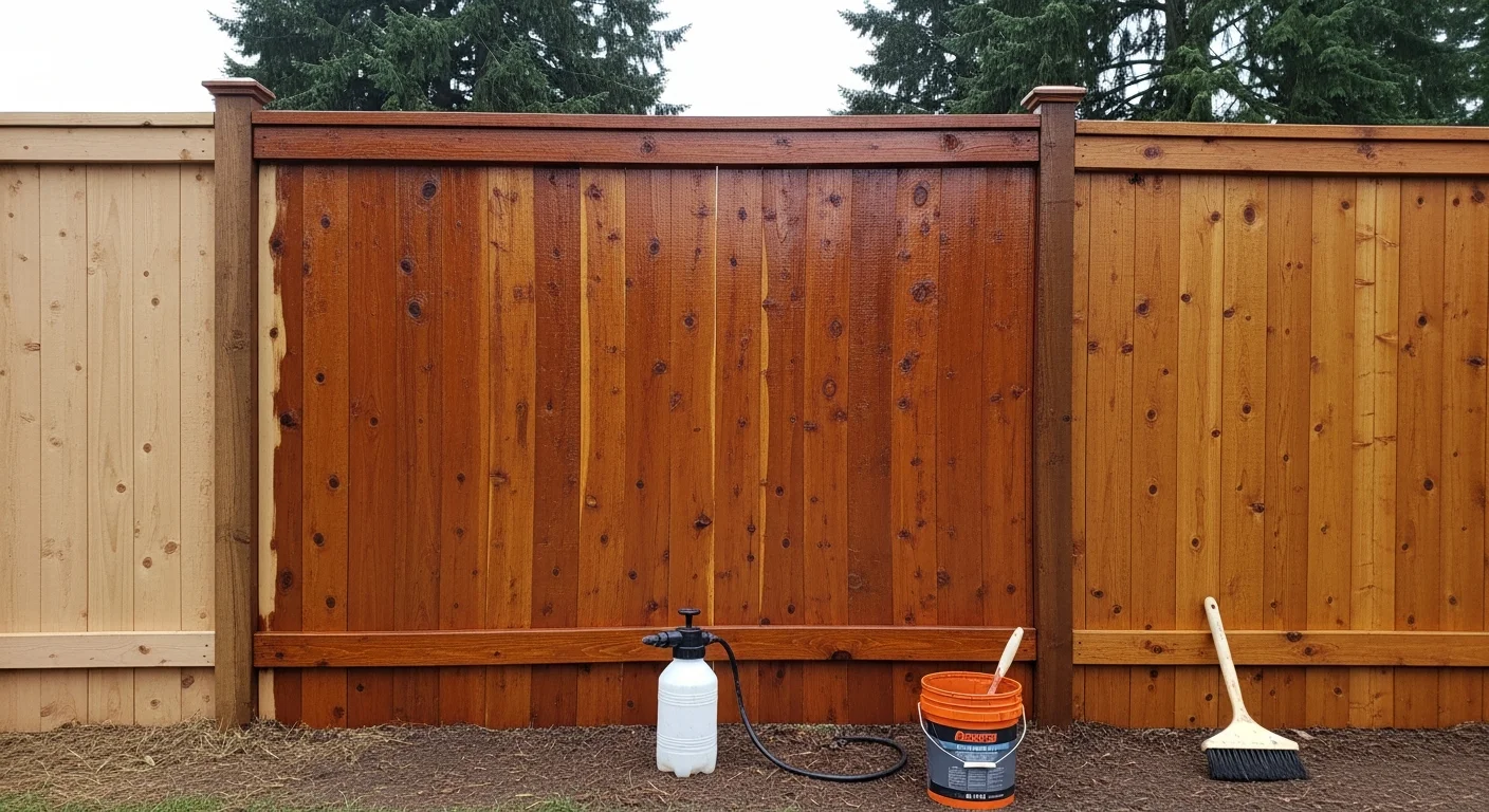A freshly stained wood privacy fence in a Lake Oswego residential backyard, showing even dark brown stain coverage across vertical cedar boards. The fence runs along a green lawn with mature Pacific Northwest trees visible in the background.
