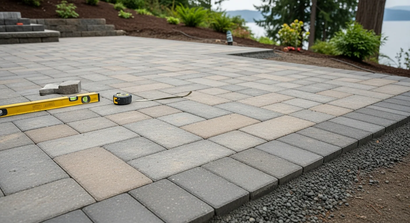 A finished paver patio and retaining wall installed by Western Landscape Construction LLC on a sloped residential lot in Lake Oswego, Oregon. The hardscape includes a defined outdoor seating area with clean stone steps leading to the upper yard.