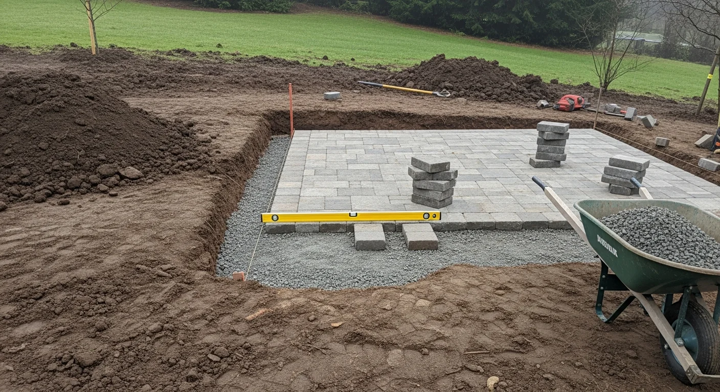 A repaired paver patio on a sloped residential property in Lake Oswego, Oregon, with reset stone surfaces and a rebuilt retaining wall section visible in the background. The finished hardscape shows level, even joints and restored drainage grading along the hillside lot.