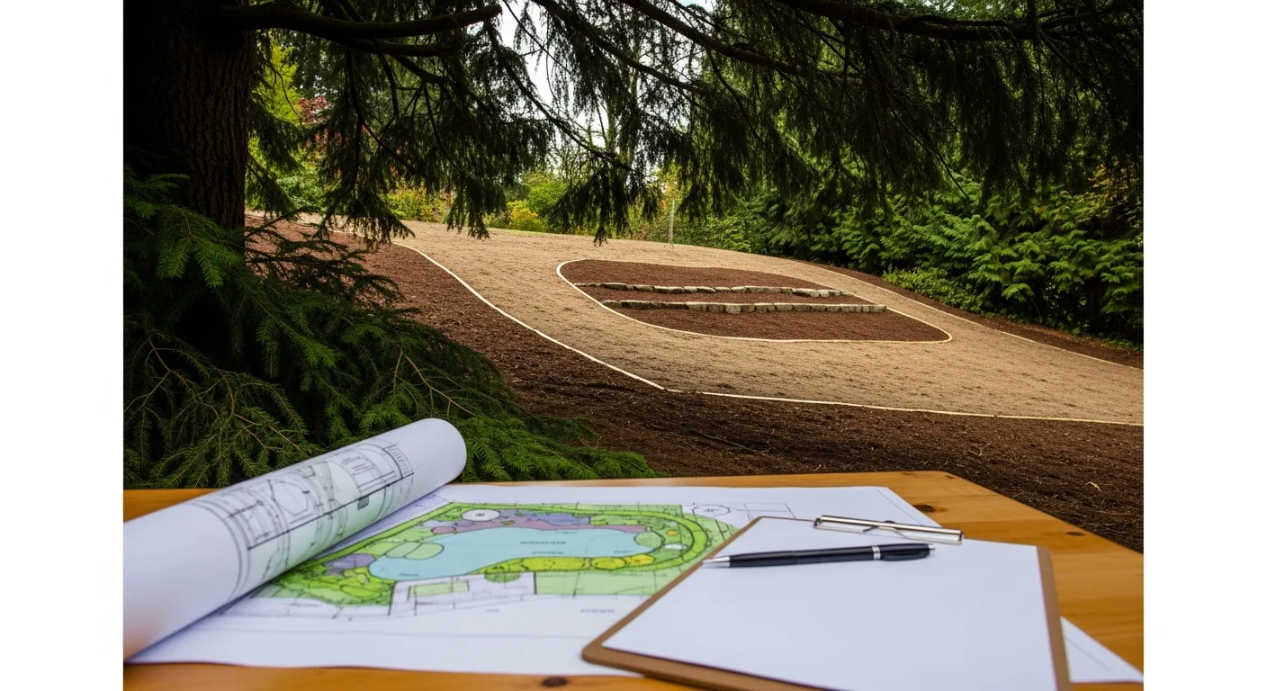 A finished residential landscape design in Lake Oswego, Oregon, showing a graded front yard with defined planting beds, a clean stone walkway, and climate-adapted plantings along a tree-lined property. The design reflects the sloped terrain and mature canopy typical of Lake Oswego neighborhoods.