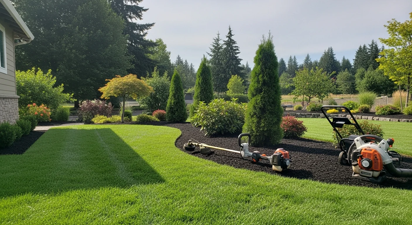 A well-maintained residential lawn in Lake Oswego, Oregon, with cleanly edged turf, shaped shrubs, and cleared garden beds after a professional landscape maintenance visit by Western Landscape Construction LLC.
