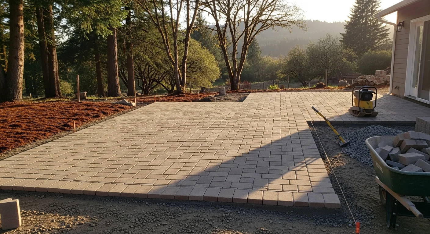 A finished hardscape patio installed by Western Landscape Construction LLC in a Lake Oswego backyard, showing a level stone surface on a sloped residential lot with defined seating and dining zones.