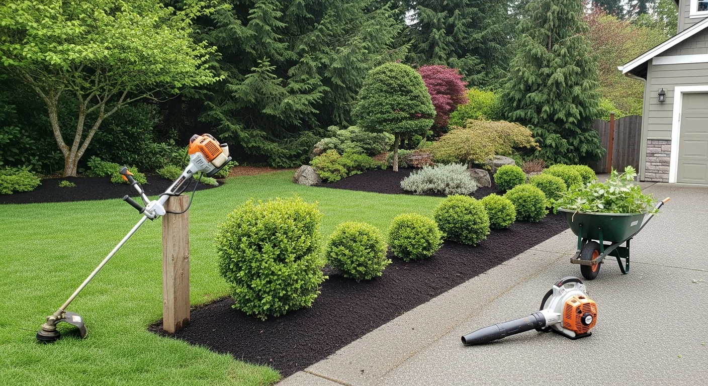 A well-maintained residential property in Lake Oswego, Oregon showing neatly mowed turf, trimmed shrubs, and clean landscape bed edges. A landscape crew member from Western Landscape Construction LLC works along the property border with edging equipment.