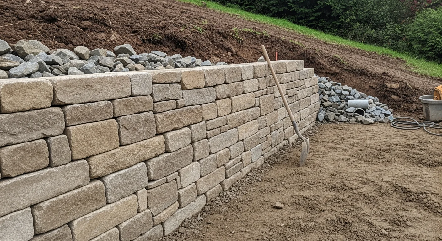 A newly constructed segmental retaining wall on a sloped residential property in Lake Oswego, Oregon, with graded flat yard space behind it and clean drainage gravel visible at the wall base.