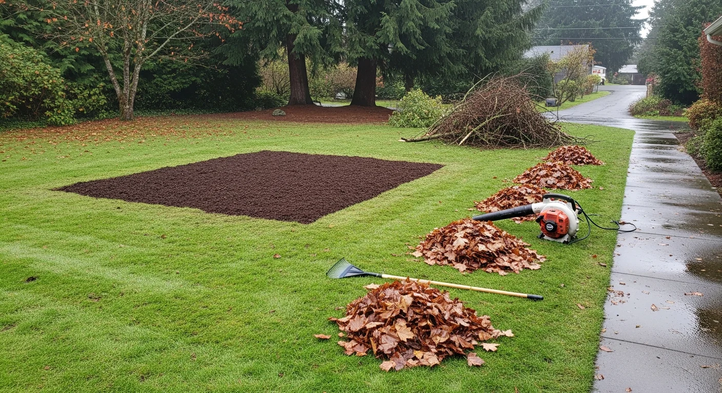 A Lake Oswego residential yard after seasonal landscape cleanup, showing cleared garden beds, a debris-free lawn, and neatly cut-back shrubs. Green waste bags are staged at the curb for hauling by the Western Landscape Construction LLC crew.