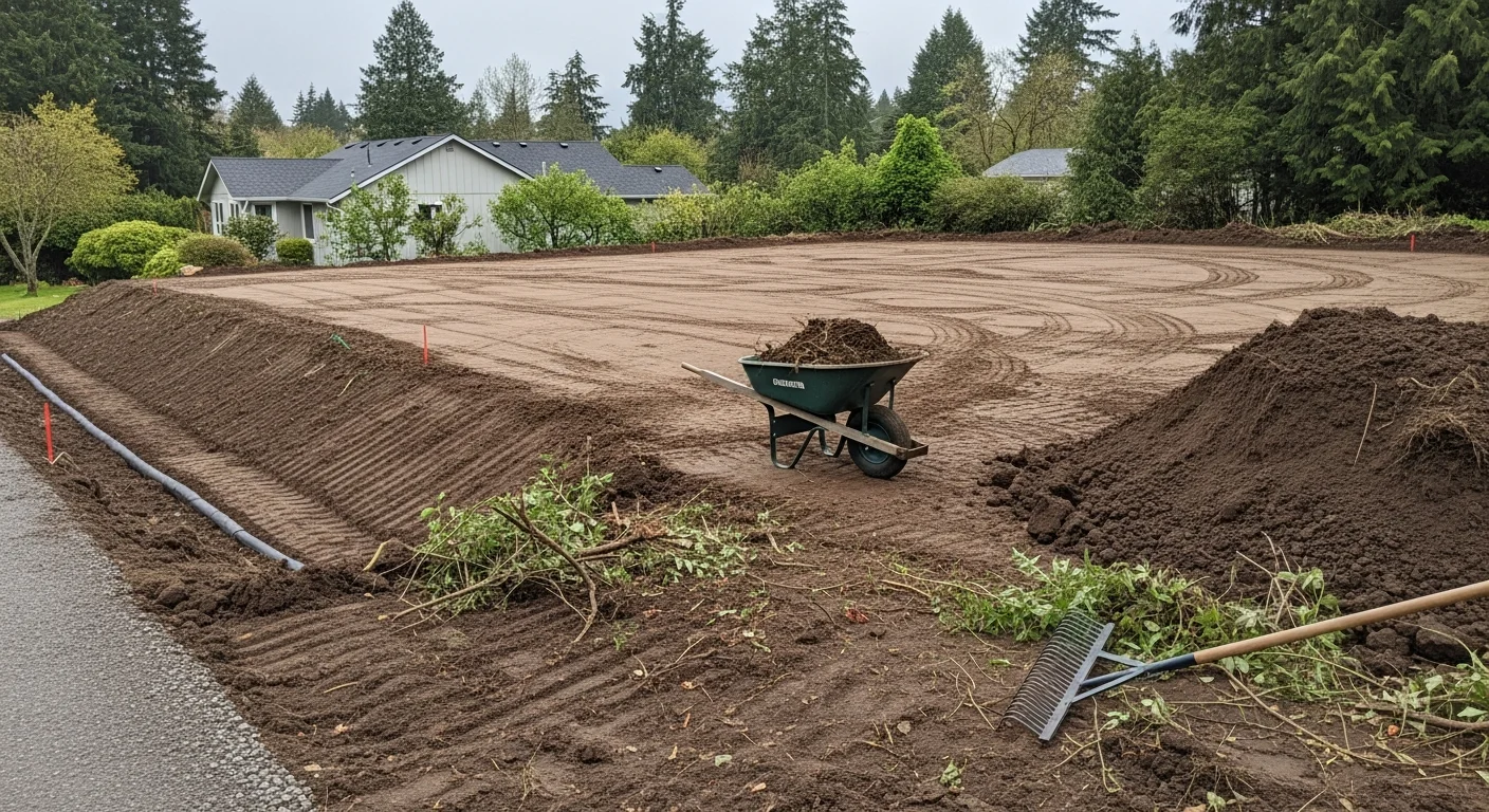 A Lake Oswego residential lot being graded and excavated by Western Landscape Construction LLC in preparation for a hardscape installation. The cleared, leveled ground shows exposed soil with visible slope correction work underway.