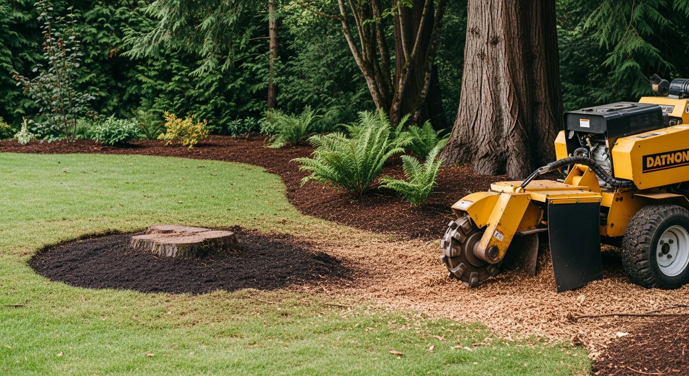 A freshly ground tree stump in a residential Lake Oswego backyard, with wood chips filling the cavity and surrounding lawn intact. The ground is level and clear, showing the area ready for replanting or lawn restoration.