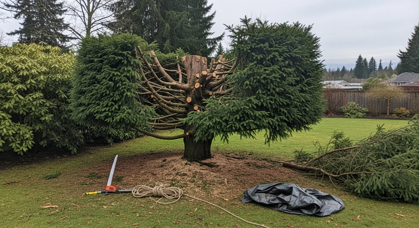 A crew member from Western Landscape Construction LLC pruning the upper canopy of a large Douglas fir in a residential Lake Oswego backyard. Cleanly cut branches reveal an open, well-spaced crown above a maintained lawn.
