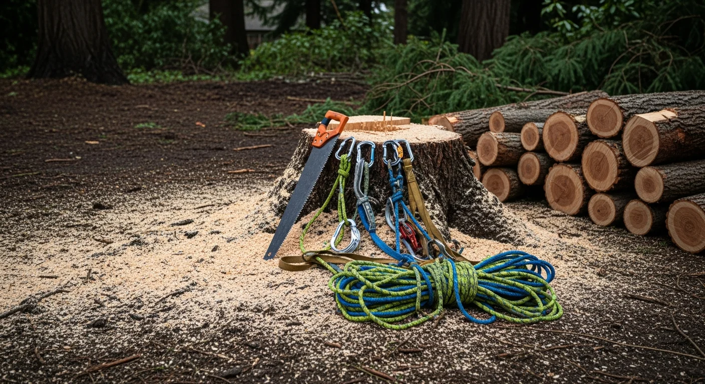 A large Douglas fir being removed in sections by a crew on a residential property in Lake Oswego, Oregon. Cut limbs are rigged and lowered near a two-story home with a sloped backyard.