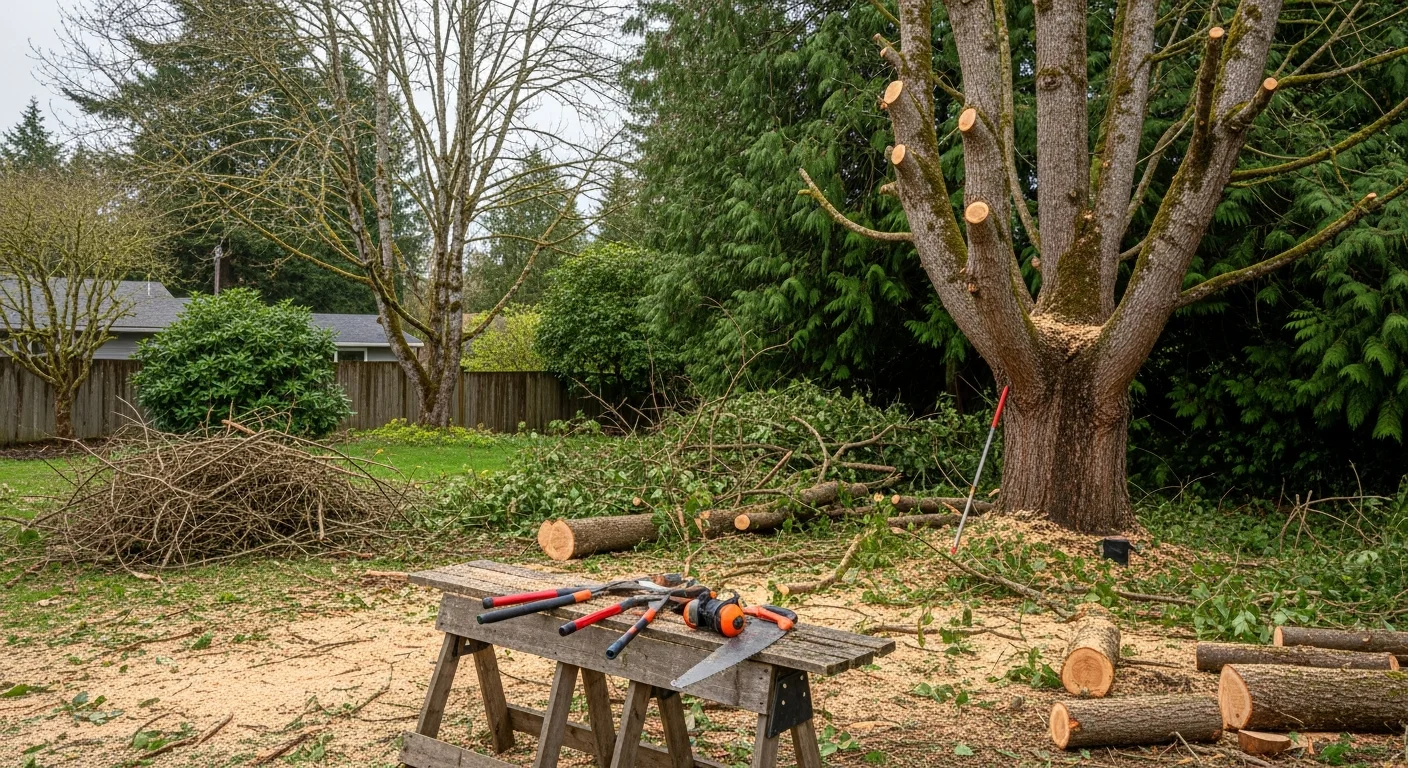 A crew member trimming overhanging branches from a mature maple tree in a residential Lake Oswego backyard. Cut limbs are stacked on the lawn with a clean roofline and fence visible in the background.